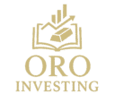 Logotipo de Oro Investing con lingotes, gráfico de inversión y libro abierto, símbolo de educación financiera y crecimiento económico.
